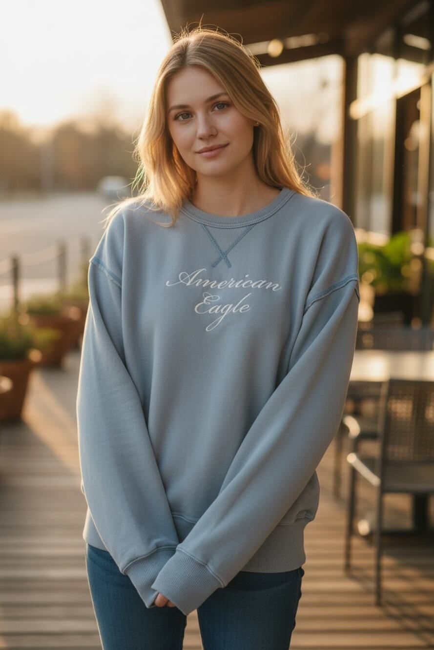 AMERICAN EAGLE Light Blue Pullover Sweatshirt Size XS Relaxed Fit Vintage Y2K